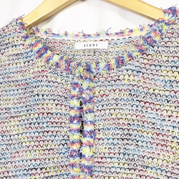 Sioni Colorful Tweed Boucle Textured Cardigan Open Front Sweater Blazer L - Picture 5 of 10